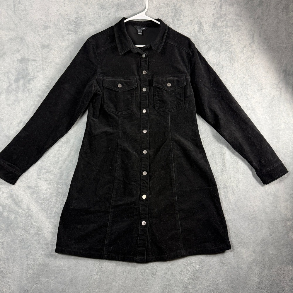 New Look Womens 12 Black Corduroy Mini Shirt Dress Long Sleeve A-Line Boho Y2K